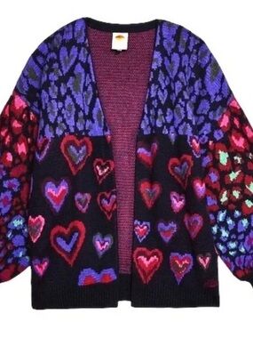 Farm Rio Heart and Leopard Cardigan Sweater Large